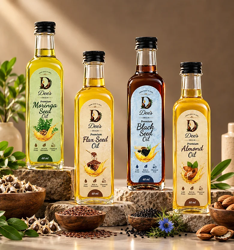 The four Dee\'s Origin cold pressed oils: moringa, flax seed, black seed and almond