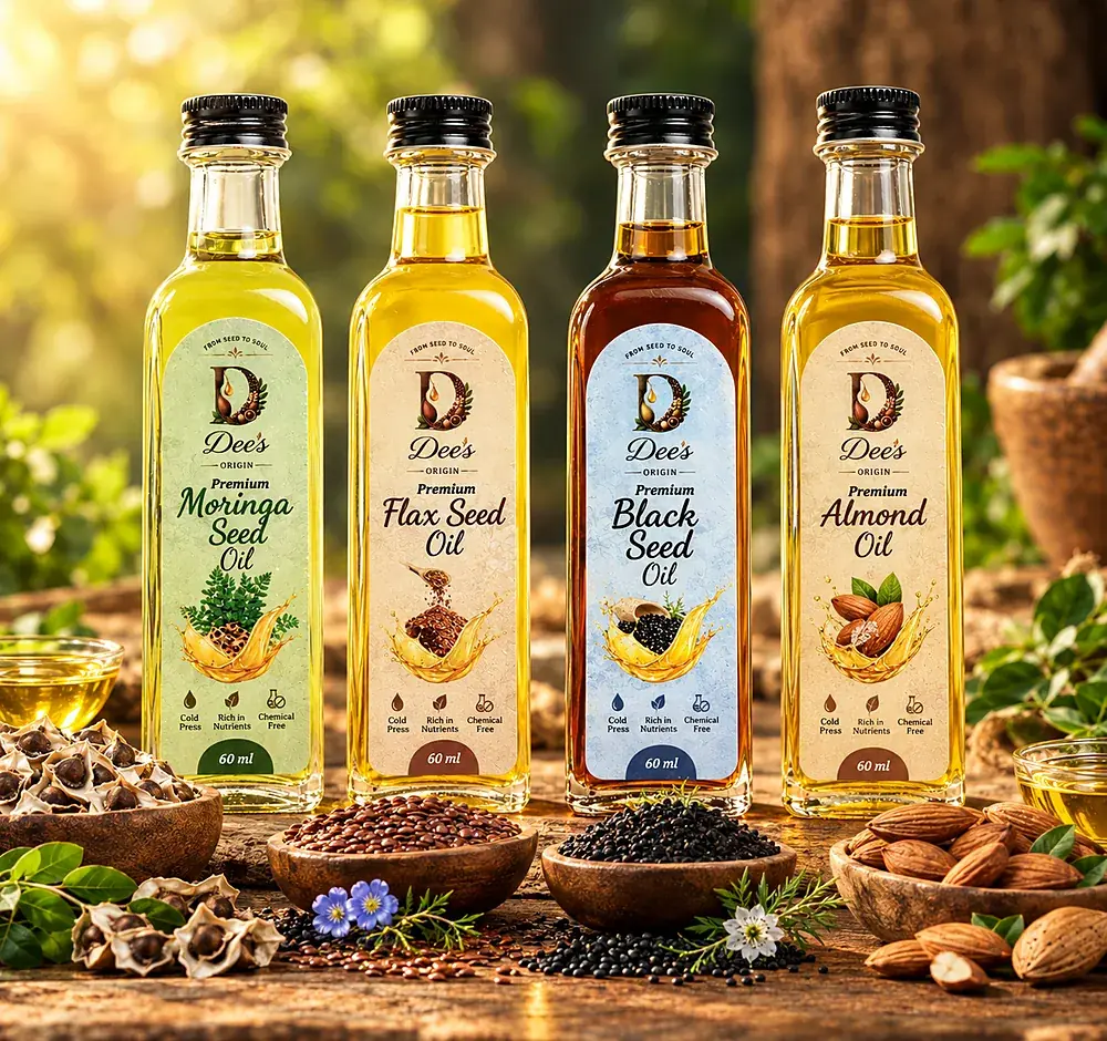 The four Dee's Origin oils: moringa, flax seed, black seed and almond, in 60 ml bottles